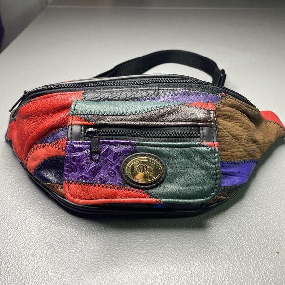 KMQ Vtg 80s Leather Fanny Pack 4 Pockets Patchwork Colorblock Colorful Bright - Picture 3 of 14